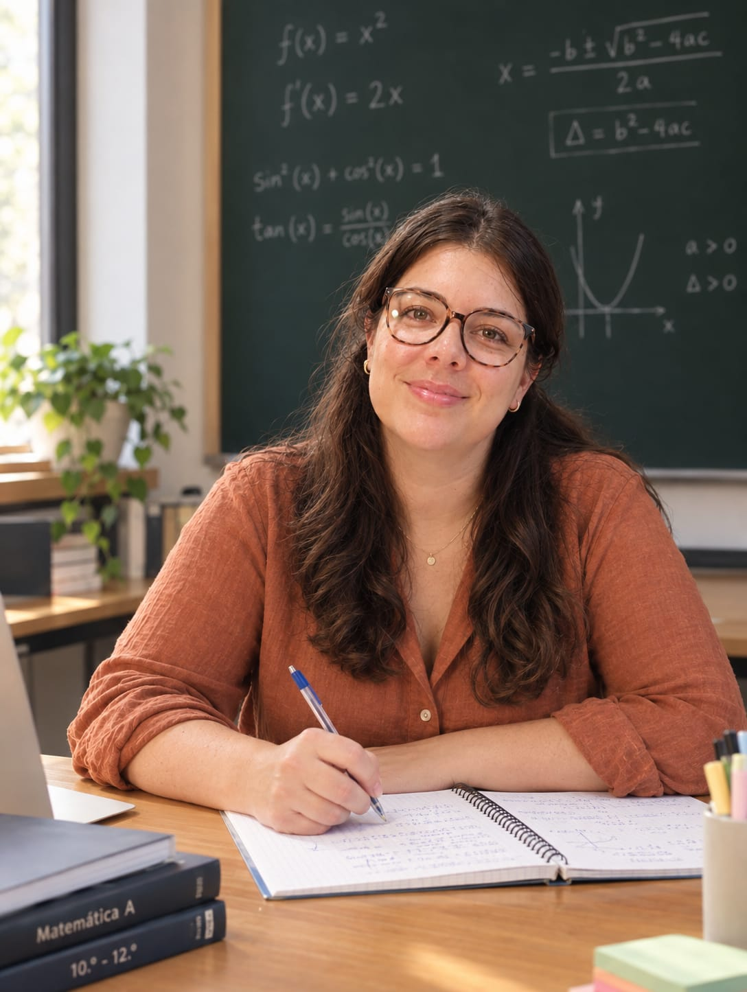 Ana Tavares numa mesa de trabalho, com um quadro de Matemática ao fundo